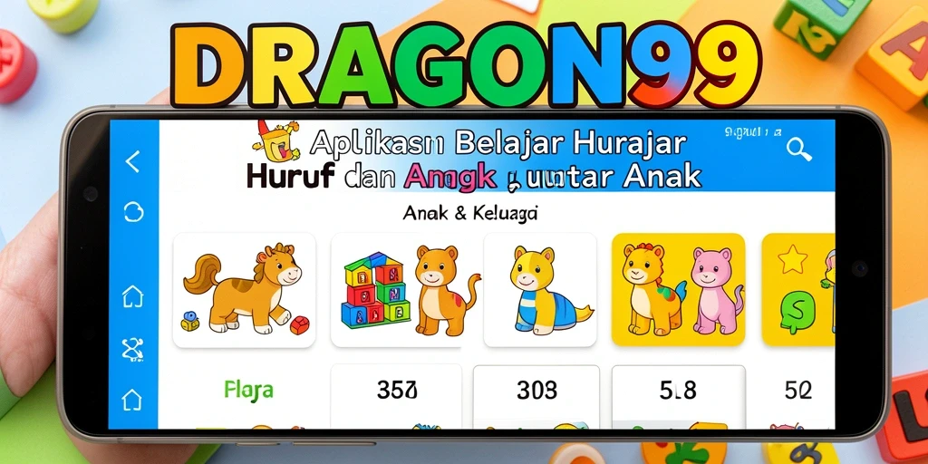 Screenshot utama DRAGON99 menampilkan antarmuka interaktif belajar huruf dan angka.