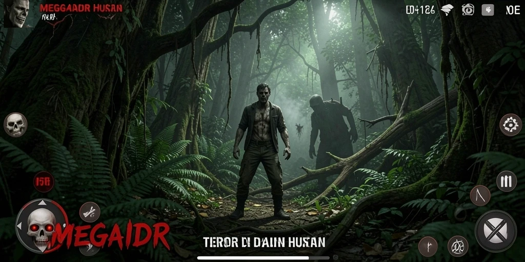 Tampilan utama <strong>MEGAIDR</strong> menunjukkan suasana hutan yang mencekam.